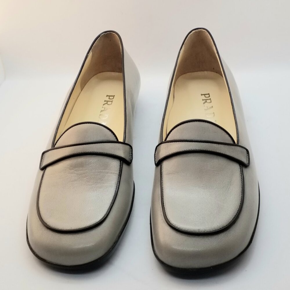 PRADA Milano Size 38.5 Grey Leather Flats Vintage Alluminio Calzature Donna